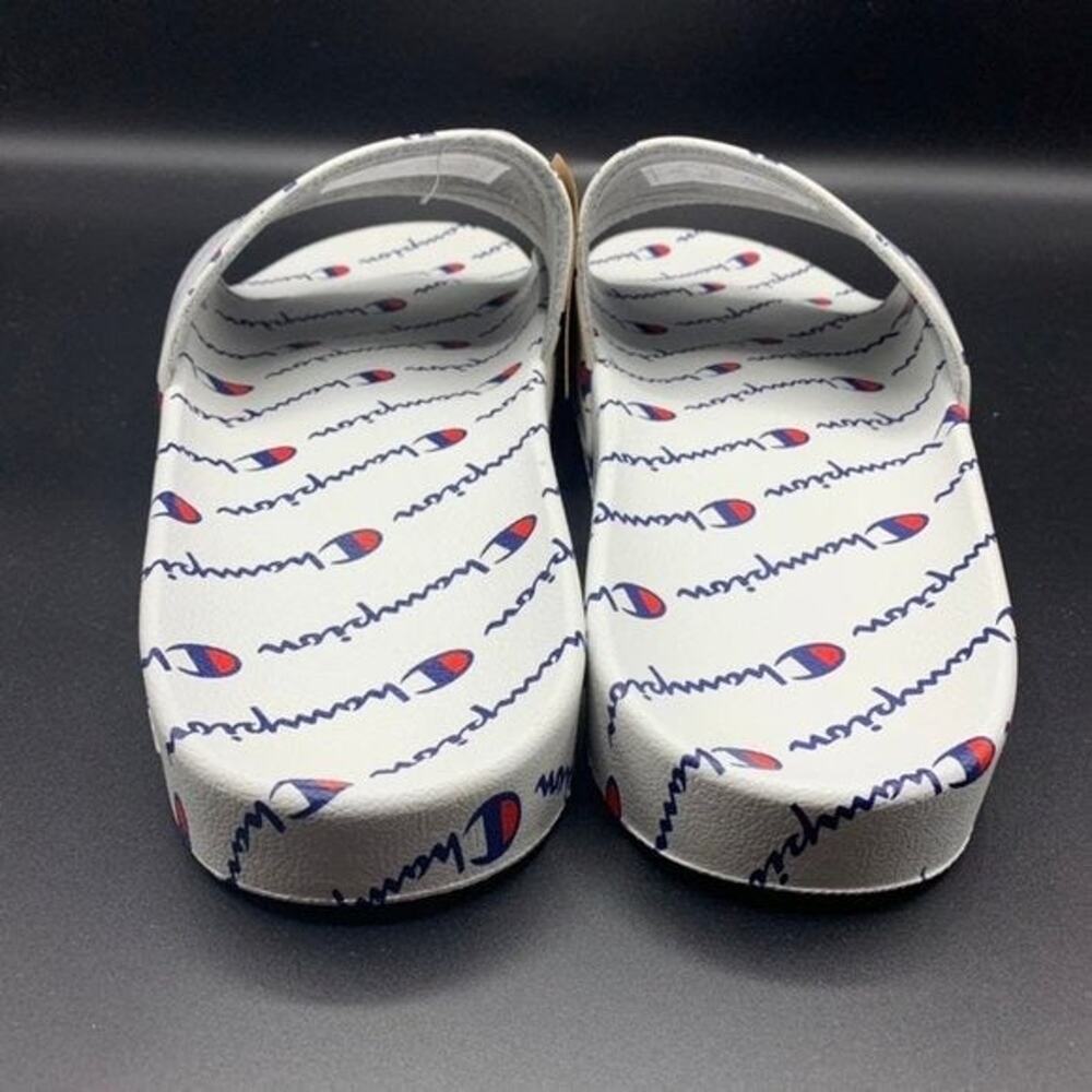 NEW Champion IPO Repeat Men's Slides Sz 11 White Logo Script Red Blue CM100080M - Picture 5 of 8
